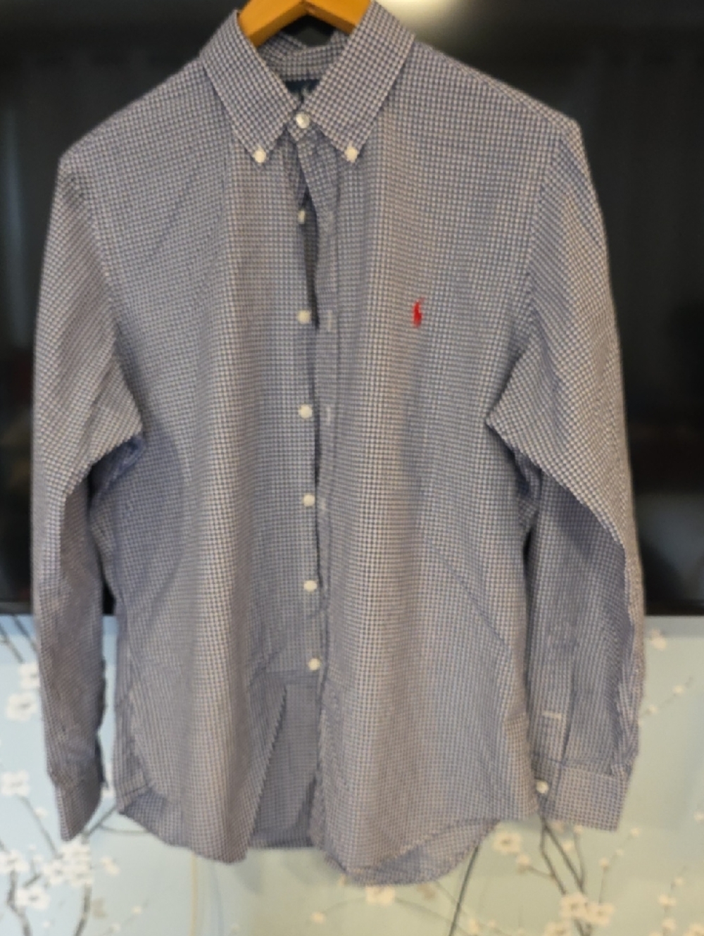 Dark navy and white gingham checked Mens Ralph Lauren dress shirt in Size Large